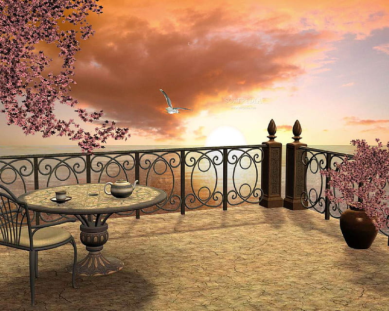 Seaside-Cafe-Sunset View Point, table, sunset, seside, golden sky, HD wallpaper