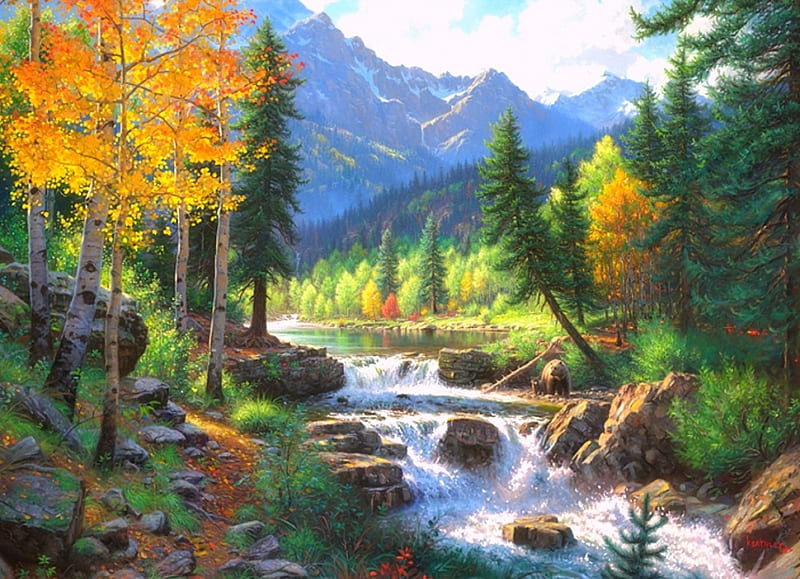 Mountain Melody in Fall, fall season, autumn, colors, love four seasons, attractions in dreams, trees, waterfalls, paintings, mountains, nature, HD wallpaper