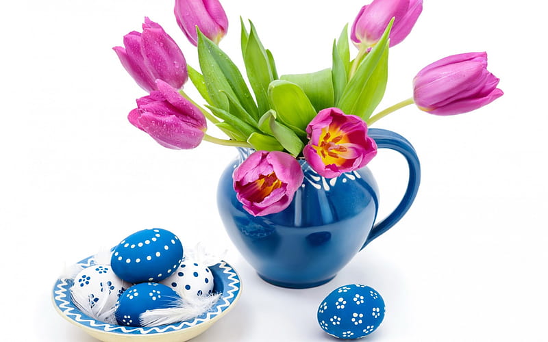 Happy Easter!, vase, easter, green, eggs, flower, white, pink, tulip, blue, HD wallpaper