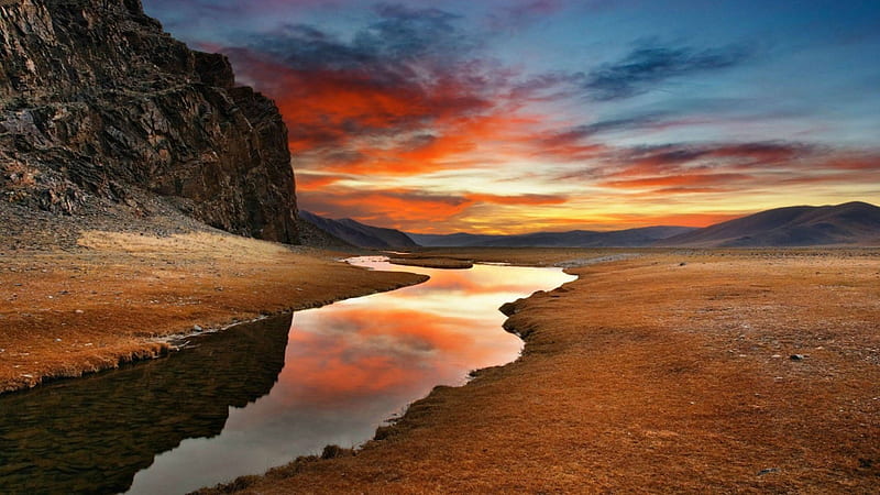 river at sunset in an arid prairie r, mountain, prairie, river, r, sunset, reflection, arid, HD wallpaper