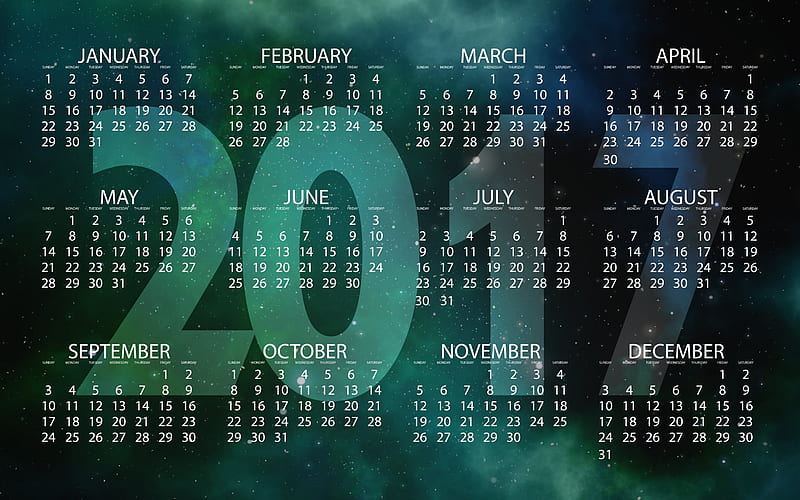 2017 Calendar, green 2017 calendar, 2017 year calendar, HD wallpaper