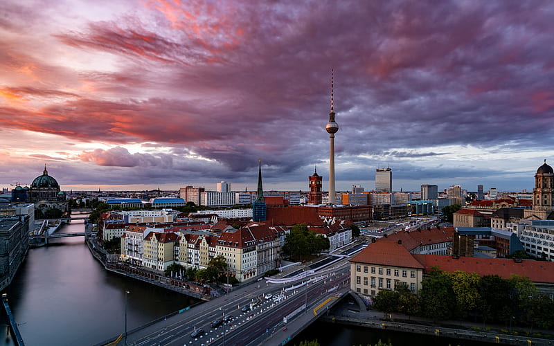 Berlin, Fernsehturm Berlin, evening, sunset, Berlin cityscape, Berlin Television Tower, Germany, Berlin panorama, HD wallpaper