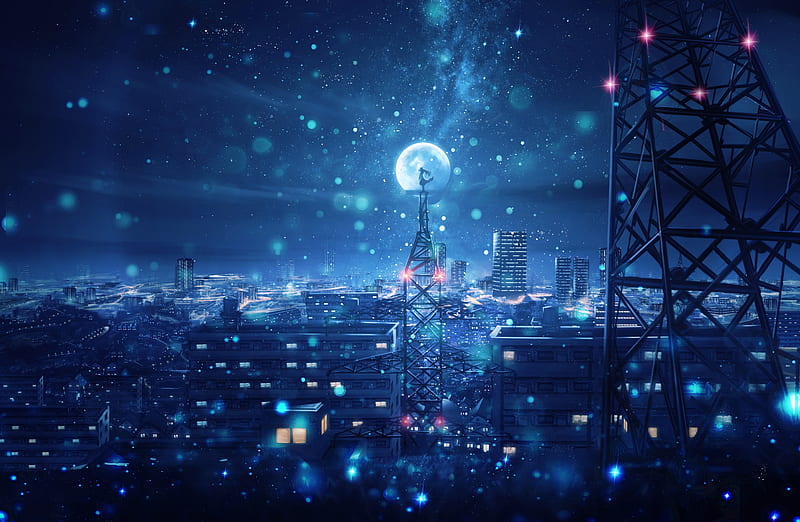 anime city, night, moon, stars, sky, scenic, girl, towers, Anime, HD wallpaper