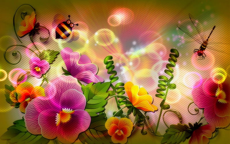 .Glamor of Pollens., colorful, scents, attractions in dreams, bonito, digital art, sweet, bright, flowers, pollen, vector arts, animals, nectar, lovely, glowing, creative pre-made, bee, dragonflies, beloved valentines, glamor, HD wallpaper