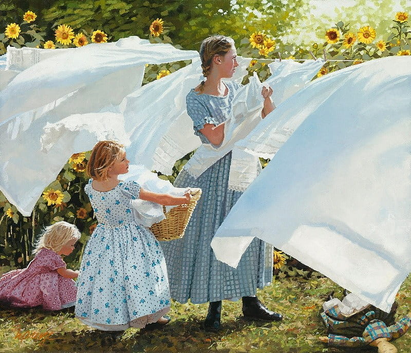clean linens, sunflowers, grass, basket, children, sheets, mother, yard, HD wallpaper