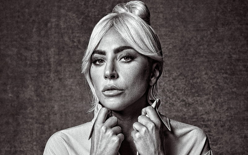 Lady Gaga, portrait, monochrome, american singer, hoot, Stefani Joanne Angelina Germanotta, white dress, HD wallpaper