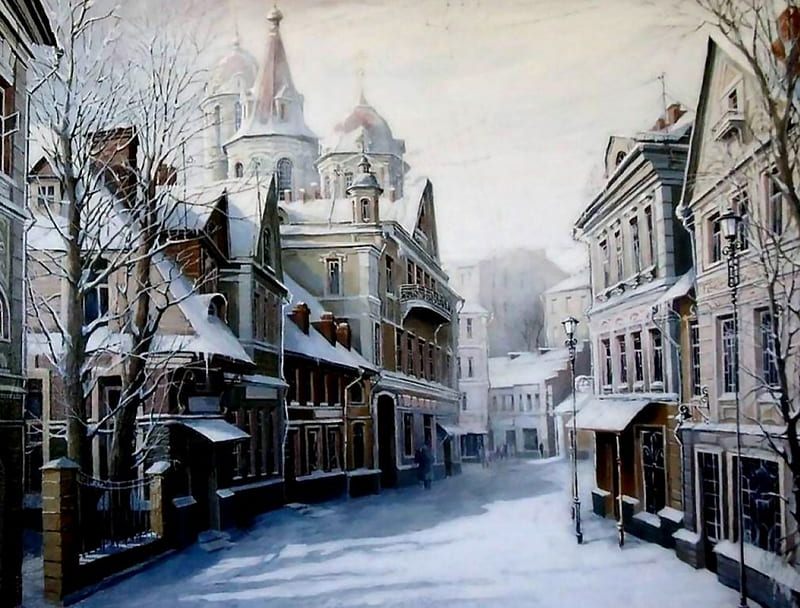 Russian Street Scene (VI) 2, art, cityscape, artwork, winter, russia, snow, painting, ice, scenery, HD wallpaper