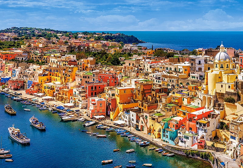 Marina Corricella, Procida, Italy, village, mediterranean, houses, sea, boats, HD wallpaper