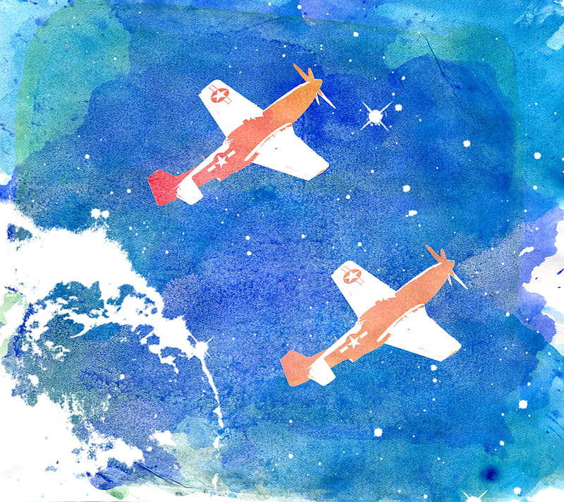 Fighters, blue, flight, mustang, p-51, planes, water color, ww2, HD wallpaper