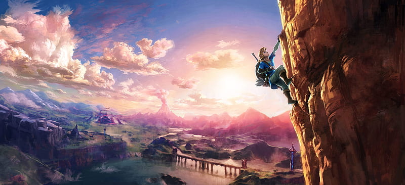 the legend of zelda, link, climbing, clouds, scenic, artwork, Games, HD wallpaper