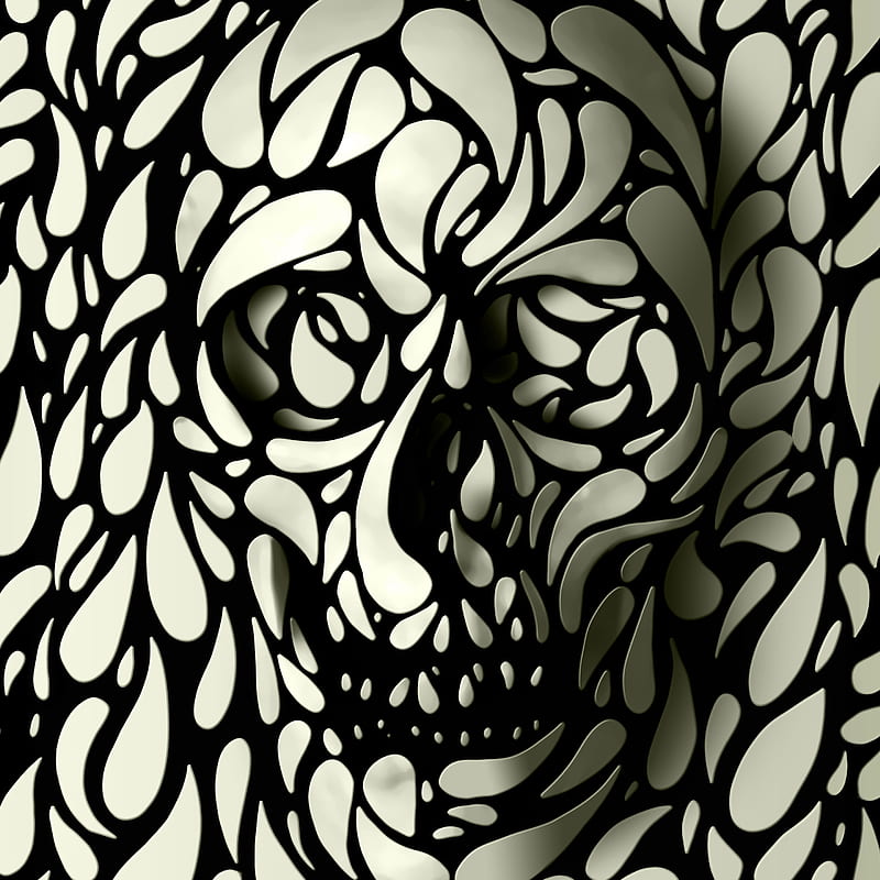 Skull 4, Ali, ali gulec, art, black and white, dark, illustration, pattern, HD phone wallpaper