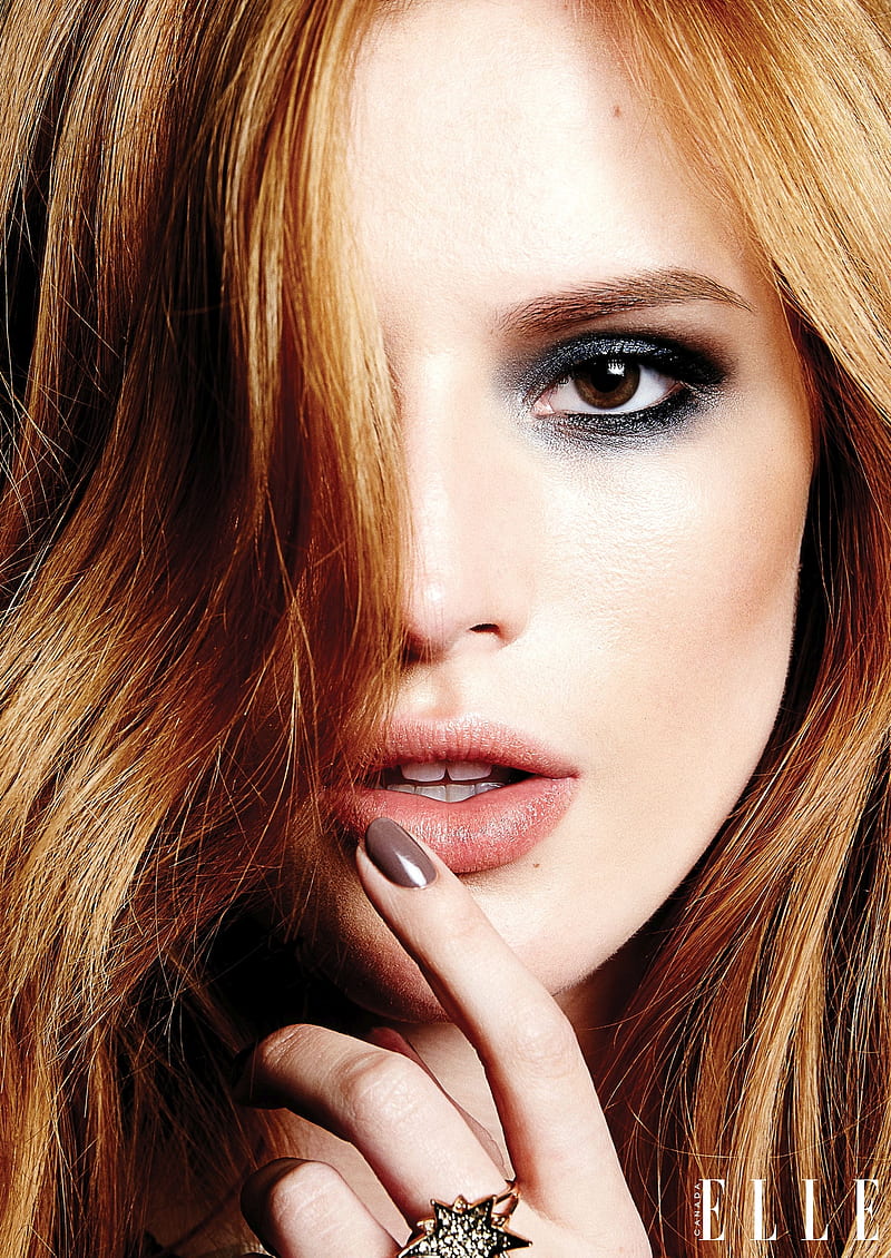 Bella Thorne, women, actress, long hair, face, closeup, redhead, makeup, smoky eyes, painted nails, fingers, dyed hair, portrait, looking at viewer, HD phone wallpaper