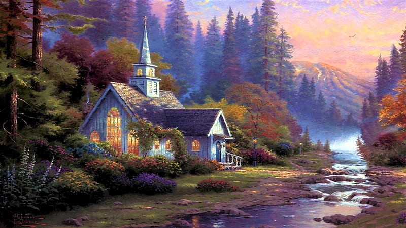 By Thomas Kinkade, painting, chapel, river, church, HD wallpaper