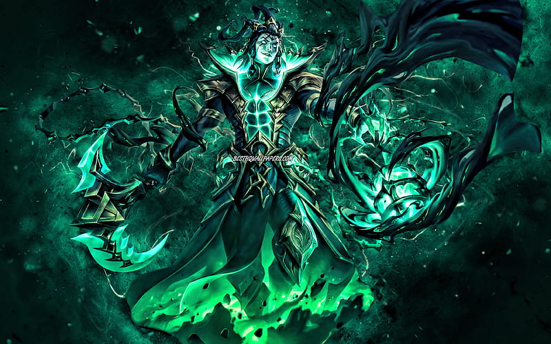 Unbound Thresh, , turquoise neon lights, League of Legends, MOBA, artwork, Teamfight Tactics, Unbound Thresh Build, LoL, Unbound Thresh League of Legends for with resolution . High Quality, HD wallpaper