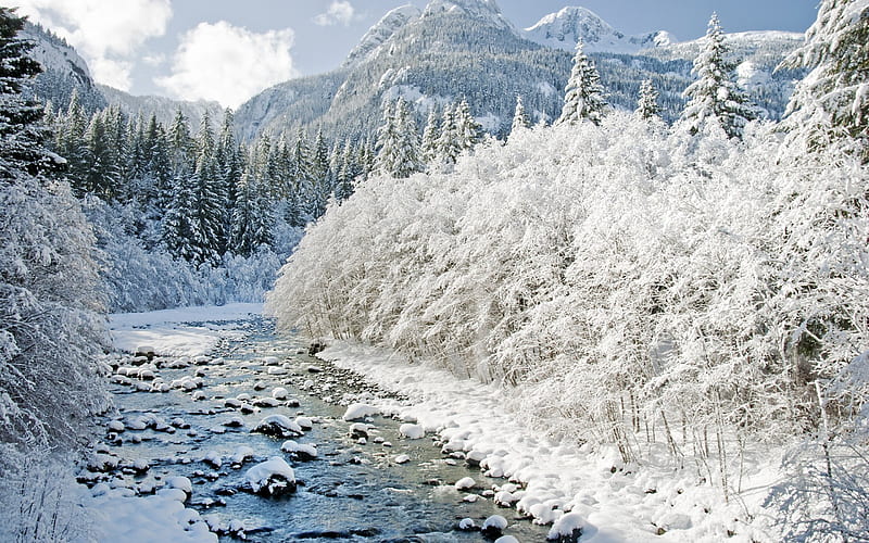 winter, mountains, mountain river, snow, winter landscape, HD wallpaper