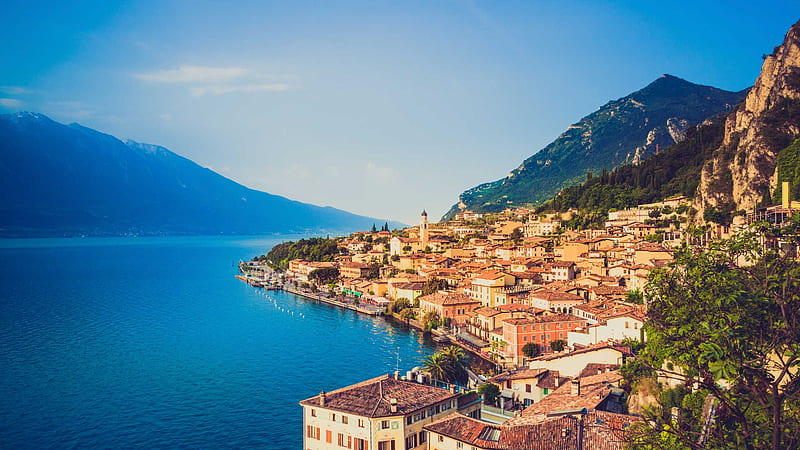 Limone at Lake Garda, Italy, town, summer, alps, sky, landscape, HD wallpaper