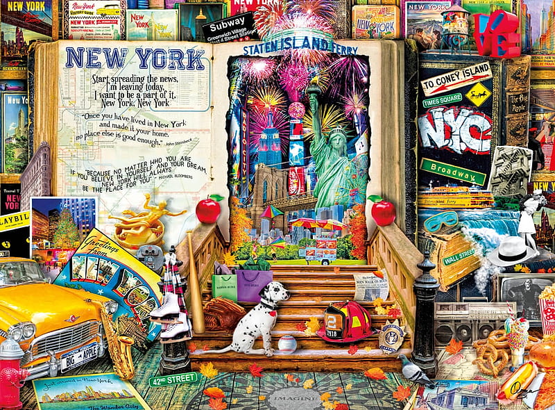 New York, city, aimee stewart, collage, dalmatian, puppy, HD wallpaper