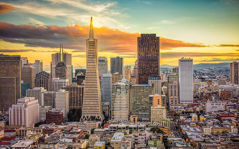 San Francisco, Transamerica Pyramid, 555 California Street, skyscrapers, sunset, California, USA, HD wallpaper