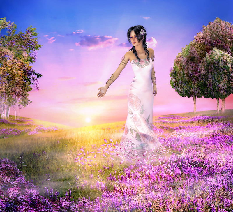 ✰Nymphs of the Earth✰, wonderful, sun, grass, clouds, sweet, fantasy, splendor, love, bright, beauty, face, insects, lovely, sky, lips, trees, cute, 3Dimensional art, cool, rays, splendidly, scenes, sunshine, eyes, colorful, dress, bonito, seasons, digital art, hair, fields, beam, light, animals, fantastic, sunlight, colors, spring, warmth, plants, flower, summer, earth, nymphs, HD wallpaper