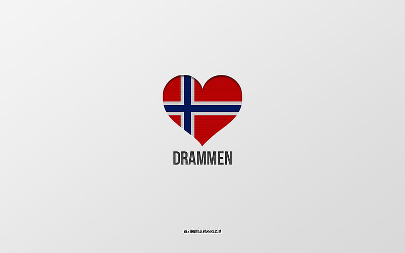 I Love Drammen, Norwegian cities, gray background, Drammen, Norway, Norwegian flag heart, favorite cities, Love Drammen, HD wallpaper