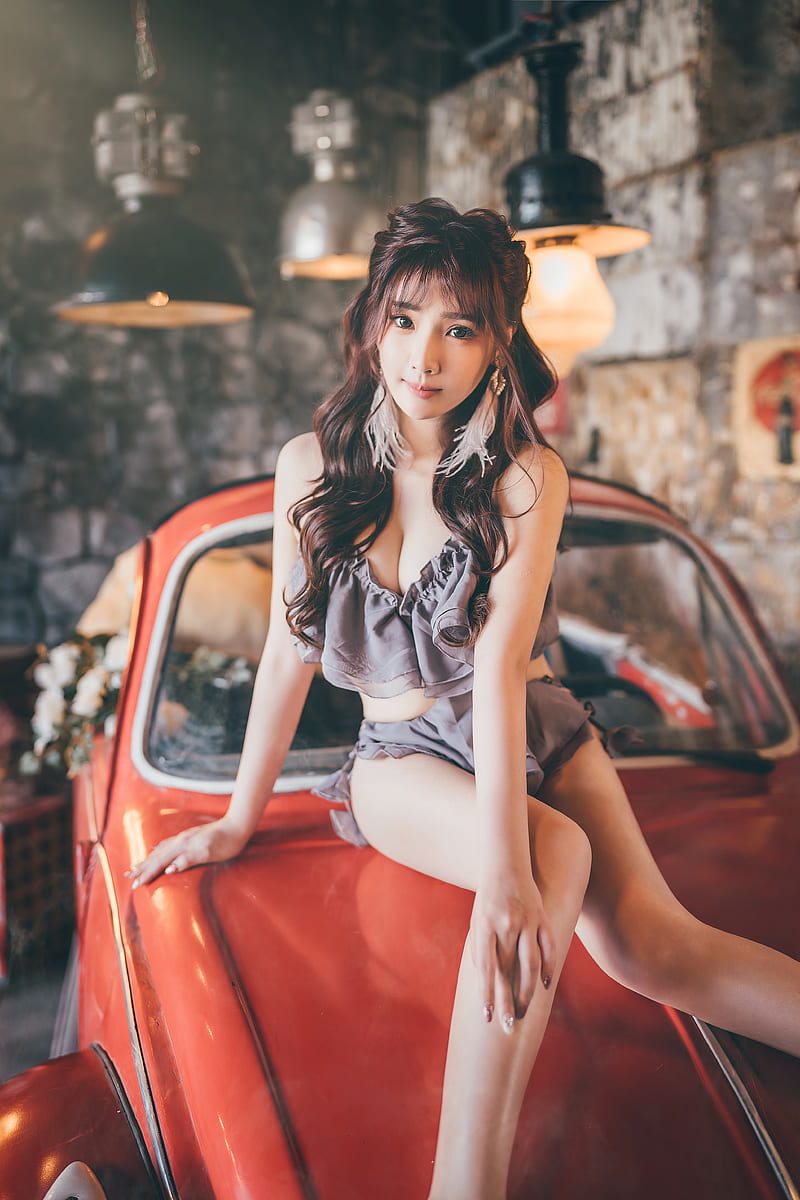 car, women with cars, Asian, women, model, red cars, HD phone wallpaper