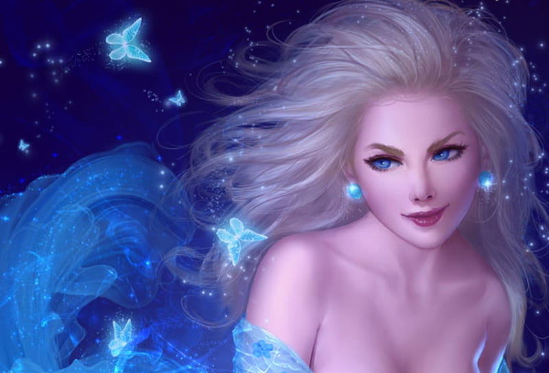 Ice princess, luminos, elsa, winter, shurakrgt, fantasy, butterfly, snow queen, pink, blue, HD wallpaper