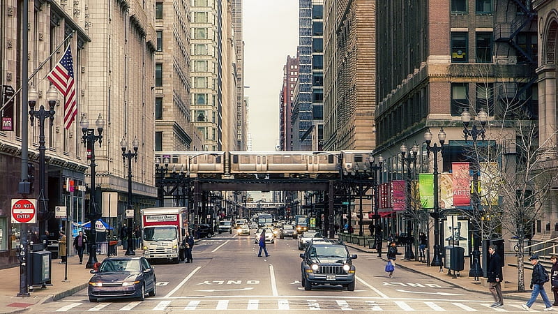 downtown chicago, city, elevated, street, trains, HD wallpaper
