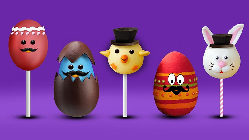 Easter sweets, red, lollipop, sweets, chicken, food, chocolate, yellow, easter, dessert, egg, purple, bunny, funny, white, blue, HD wallpaper