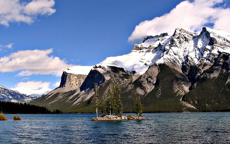 Lake Minnewanka, Banff, Alberta, Lake, Mountains, Canada, Island, HD wallpaper