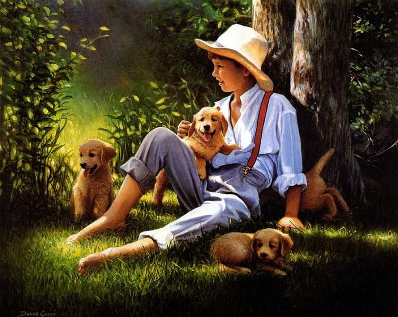 a boys best friend, boy, grass, puppys, trees, dog, yard, hat, HD wallpaper