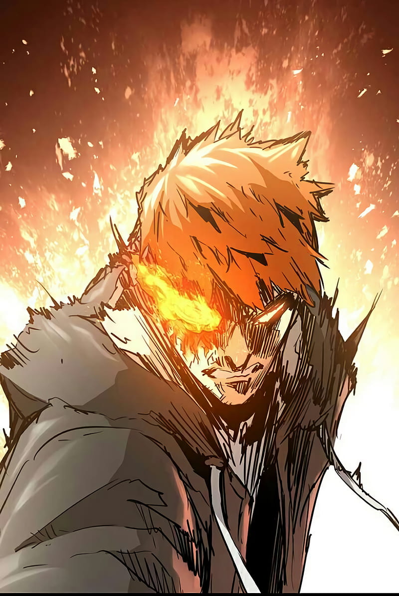 Dark anime character with glowing eyes in fiery surroundings