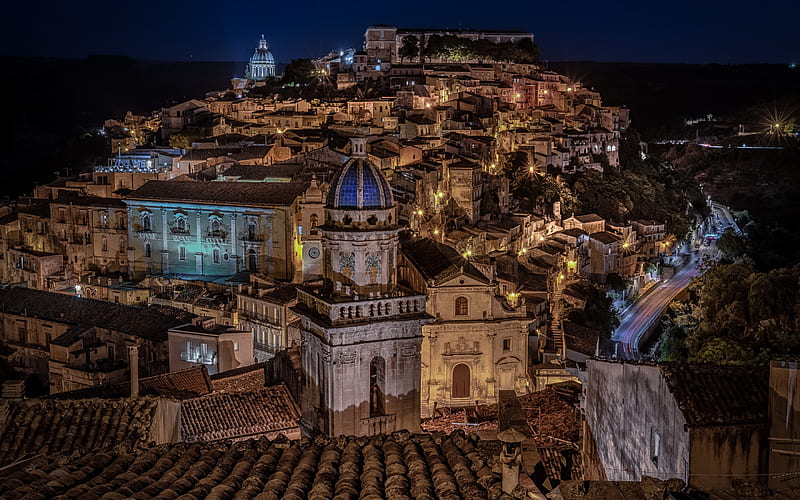 Ragusa, Roman Catholic Diocese of Ragusa, night, landmark, cityscape, Ragusa panorama, Sicily, Italy, HD wallpaper