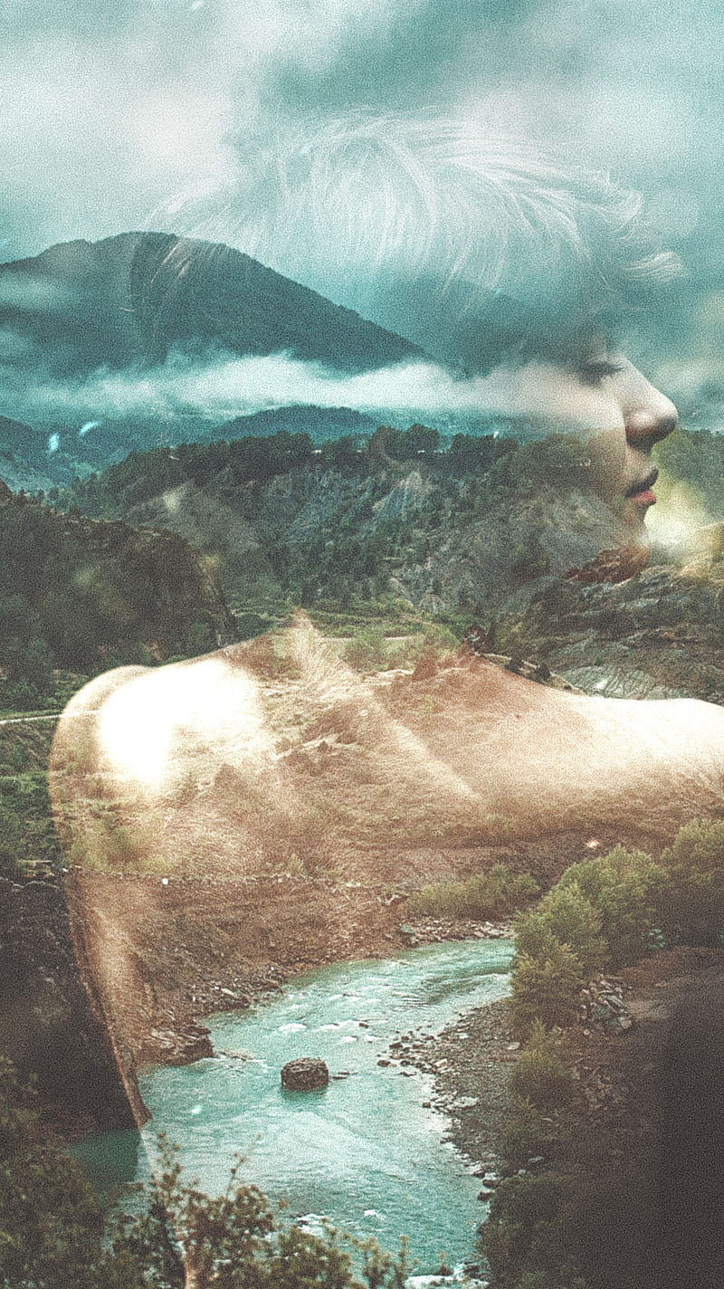 Ghost in the Nature, blue, brunette, montain, rock, tree, water, woman ...