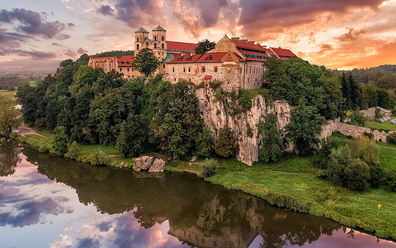 Tyniec Monastery, Krakow, Poland, Poland, Krakow, abbey, monastery, river, HD wallpaper