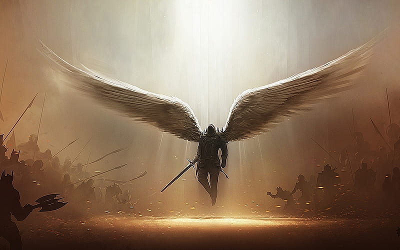 Angel, wings, video games, army, armor, monsters, blizzard, diablo 3, sword, light, HD wallpaper