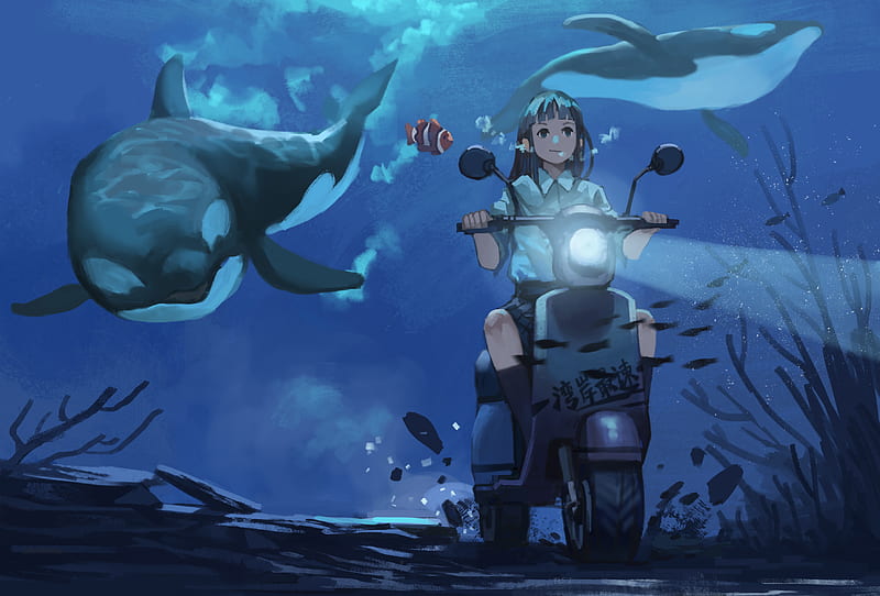 Anime Girl Riding Bike Under Water, HD wallpaper