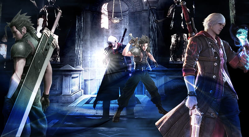 zero, swords, male, zack fair, final fantasy 7, white hair, nero, video games, cross pairing, devil may cry 4, demon, gun, crisis core, black hair, HD wallpaper