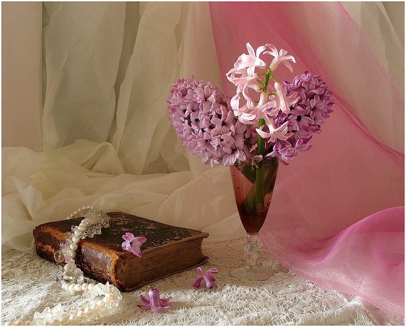 pink still life 2, art , composition, elder, book, perle, old, old book, still life, nice, flower, flowers, pearls, livevase, pink, HD wallpaper