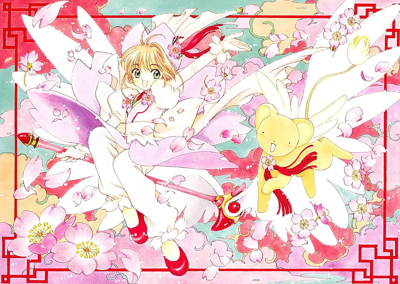 CardCaptor Sakura, stuffed anime, card captor sakura, cherry blossoms, sakura kinomoto, HD wallpaper