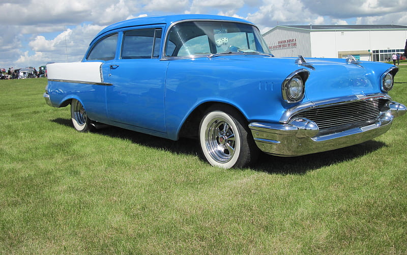 1957 Chevrolet Bel Air, graphy, headlights, Chevrolet, white, blue, HD wallpaper