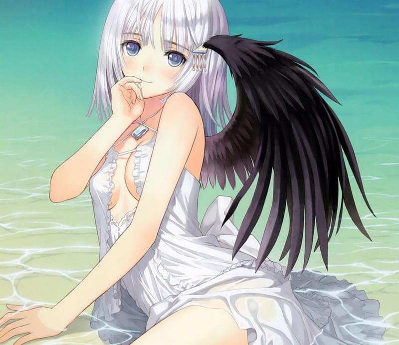 Black Wing, pretty, wet, dress, white hair, wing, silver, sweet, nice, shining ark, anime, hot, anime girl, wings, lovely, angel, lying, blouse, sexy, cute, water, panis angelicus, lay, lady, sundress, maiden, HD wallpaper