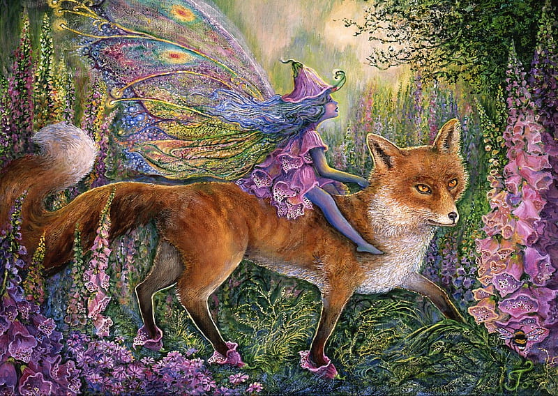 Foxglove Fantasy, art, flowers, fox, fairy, digital, HD wallpaper