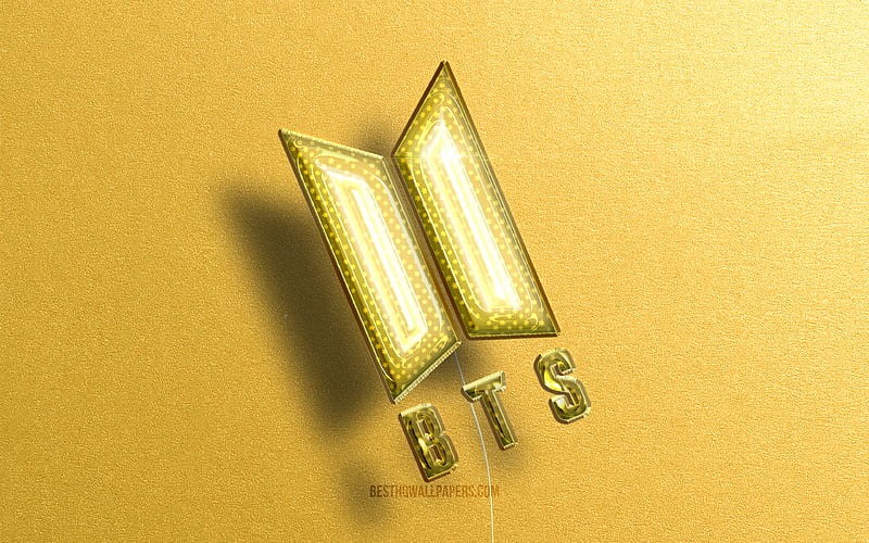 BTS 3D logo, Bangtan Boys, yellow realistic balloons music stars, BTS logo, Bangtan Boys logo, yellow stone backgrounds, BTS, HD wallpaper