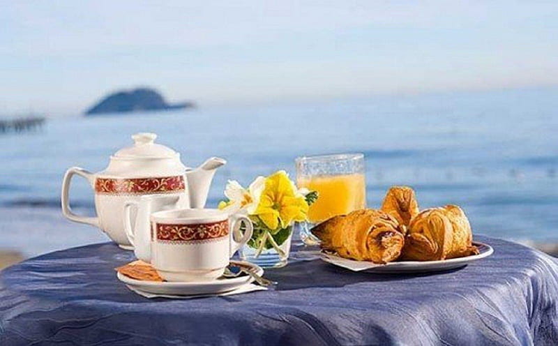 breakfast on seaside, table, beaches, tea time, seaside, breakfast, nature, HD wallpaper