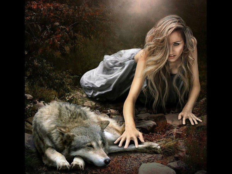 Woman with wolf, wild, wolf, hop, lady, woman, HD wallpaper