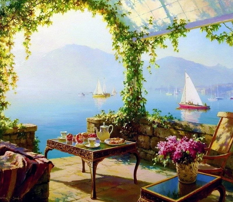 Mediterranean View, veranda, table, painting, flowers, sailboat, artwork, HD wallpaper