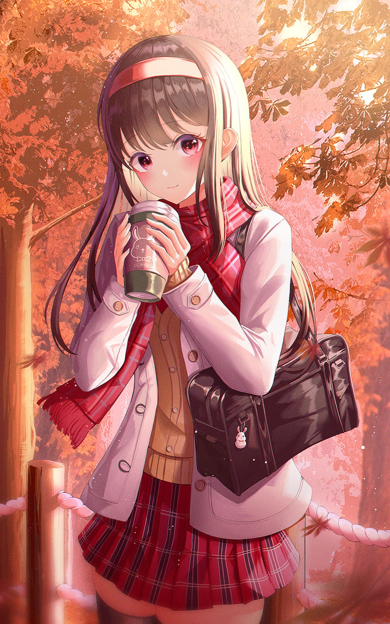 girl, coffee, autumn, anime, art, HD phone wallpaper