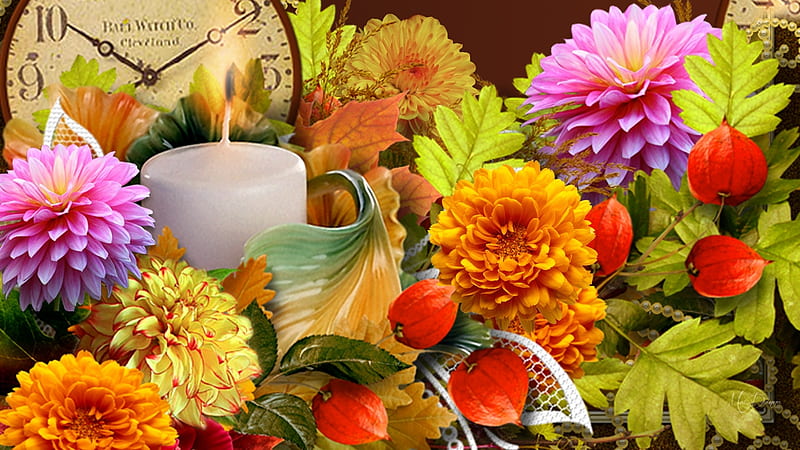 Light for Fall, candle, time, clock, asters, leaves, dahlias, Japanese lanterns, flowers, Firefox Persona theme, light, HD wallpaper