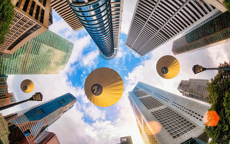 Singapore, skyscrapers bottom view, bottom view of modern skyscrapers, yellow balloons, modern buildings, Springleaf Tower, Asia, HD wallpaper