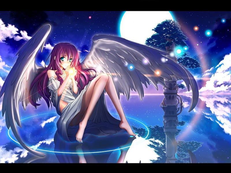 Angel Love, moonlight, beauty, Anime, angel, HD wallpaper
